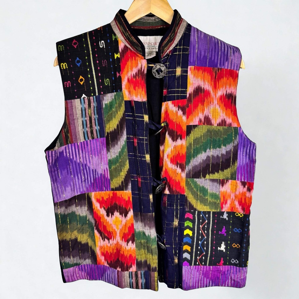 Vtg Passports Pier 1 Imports Patchwork Ikat Cotton Vest Metal Buttons Grandma - Picture 1 of 7